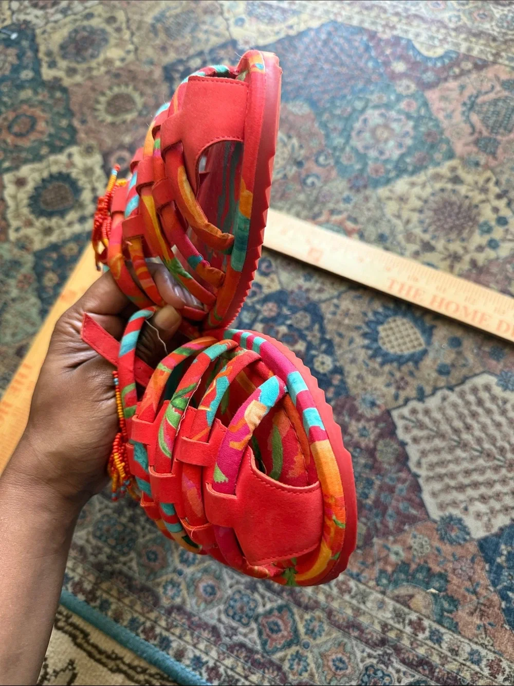 FARM Rio Red Multicolor Braided Bead-Tassel Sandals tropical tube Sz 10